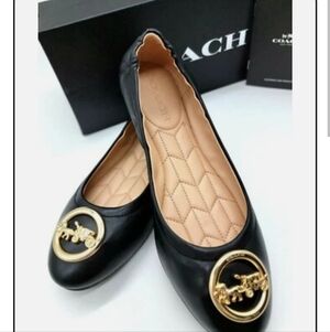 Coach Black Leather Flats with Gold Detail